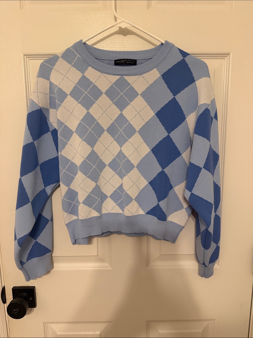 SHEIN Blue & White Argyle Crewneck Sweater